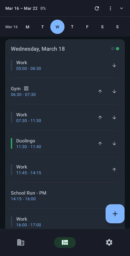 Daily view with scheduled blocks for work, gym, and more
